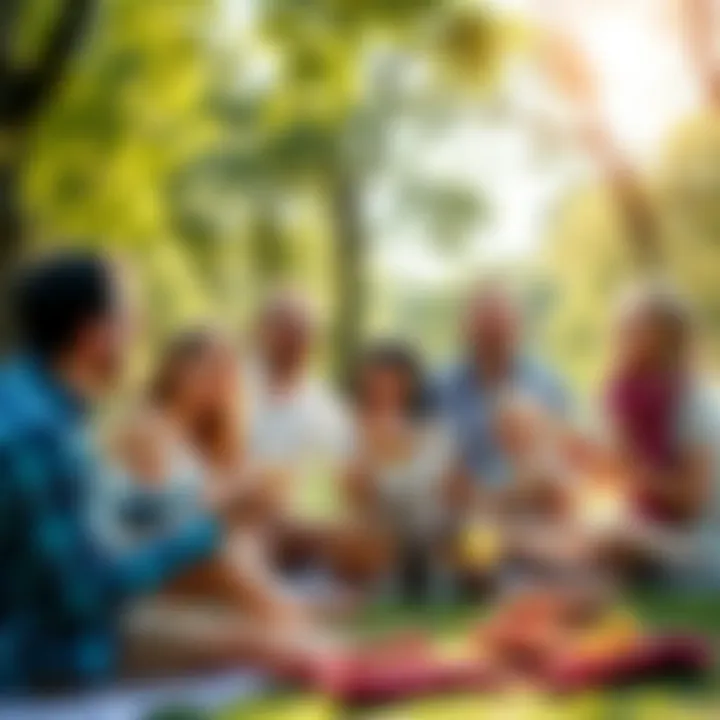 A group of friends and family enjoying a picnic in a park, laughing and relaxing together on a sunny day.