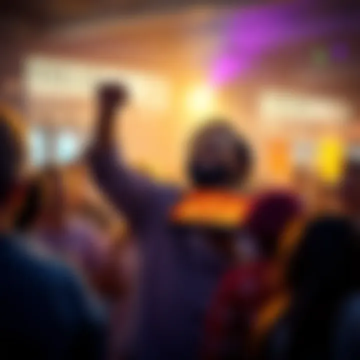 A happy investor holding a tablet displaying HBAR tokens, surrounded by a supportive community at a gathering.