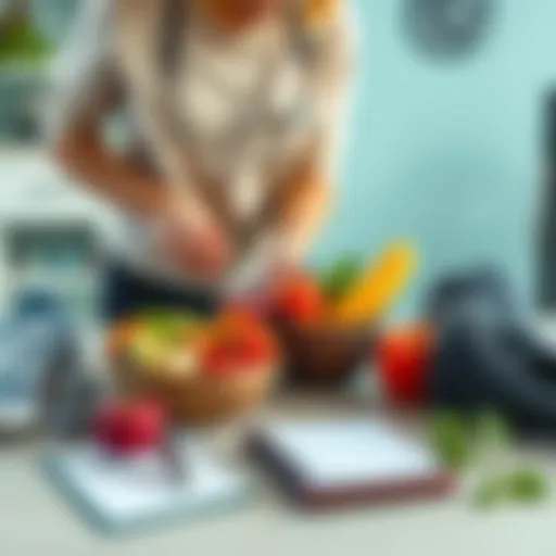 A person preparing a balanced meal with fruits and vegetables alongside workout gear and a journal for mental health planning.