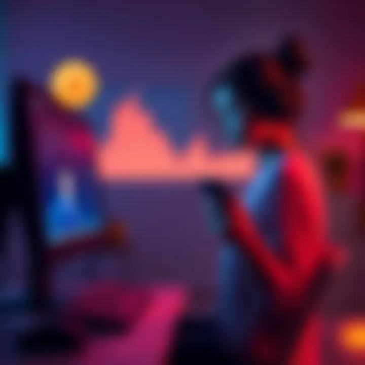 A sad woman sits in front of a computer, reflecting on her Doge cryptocurrency investment while holding her phone, showing a blocked contact.