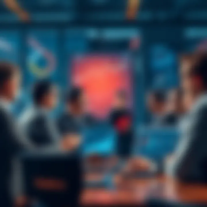 A group of business professionals discussing Hedera's blockchain technology in a modern office setting, showcasing charts and digital interfaces that represent efficiency and security.