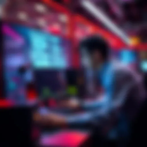 A professional working on a computer, coding for an advanced node system at Hedera, focusing on transaction data access.