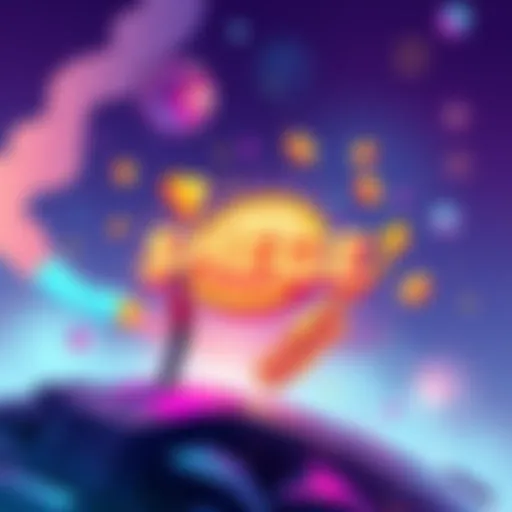 An illustration showing the concept of $HEGE as a brandcoin with elements of gaming, NFTs, and community engagement. Bright colors and dynamic shapes represent growth and innovation.