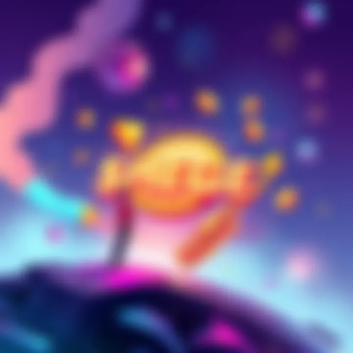 An illustration showing the concept of $HEGE as a brandcoin with elements of gaming, NFTs, and community engagement. Bright colors and dynamic shapes represent growth and innovation.