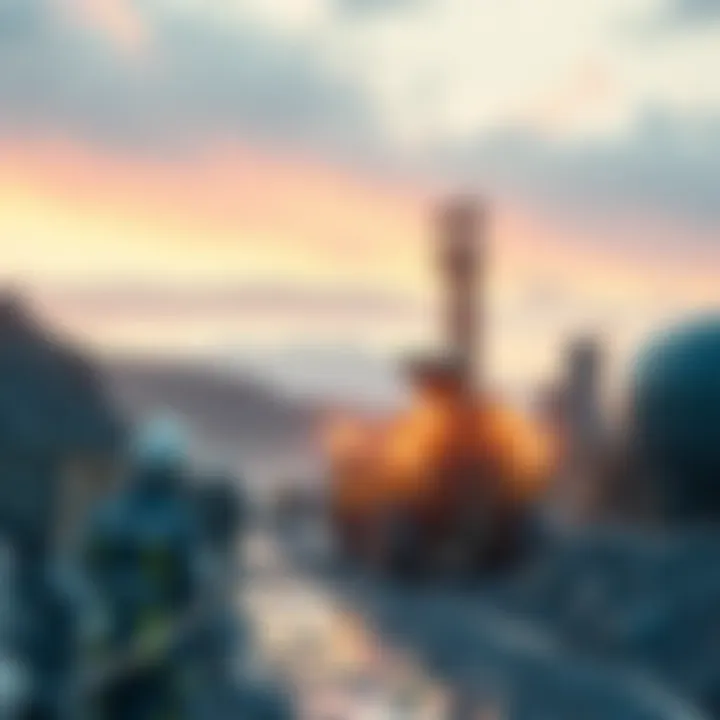 A busy helium mining operation with equipment and workers extracting helium gas