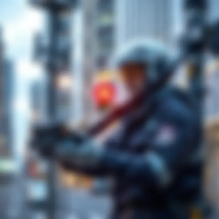 A technician setting up a Helium Mobile Hotspot in an urban area, focusing on site selection and equipment installation.