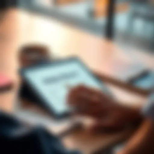 A person reading Help Nano reviews on a digital device, surrounded by notes and a cup of coffee.