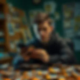 A young man sitting at a desk covered in fake IDs, looking worried while holding a Bitcoin wallet on his phone.