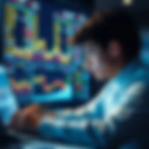 A student researching historical data for decentralized exchanges, surrounded by charts and graphs showing trading volumes.