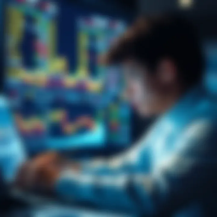 A student researching historical data for decentralized exchanges, surrounded by charts and graphs showing trading volumes.