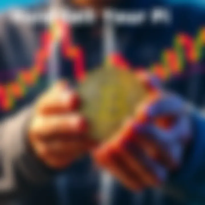 A person holding physical coins labeled Pi, with a digital graph in the background showing fluctuating prices.