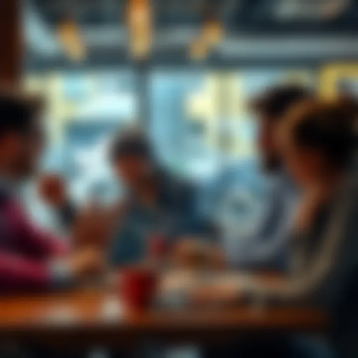A group of optimistic investors discussing a potential price rise in cryptocurrency at a coffee shop, with charts on laptops.