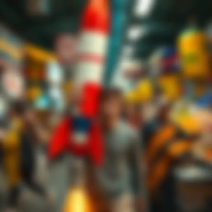 A person looking surprised while holding a large, colorful rocket in a busy market, with onlookers reacting in disbelief.