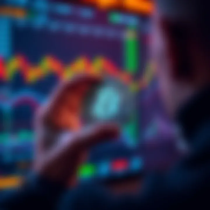 A person holding a cryptocurrency coin with Hbar logo, looking at market charts on a screen, symbolizing a waiting strategy in trading.