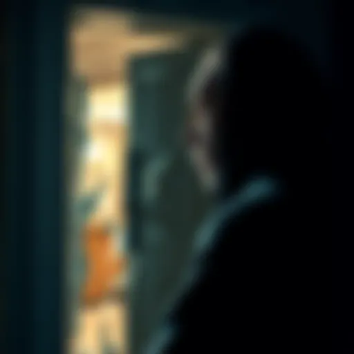 A worried person looking at a broken front door, symbolizing a home break-in and financial security risks.
