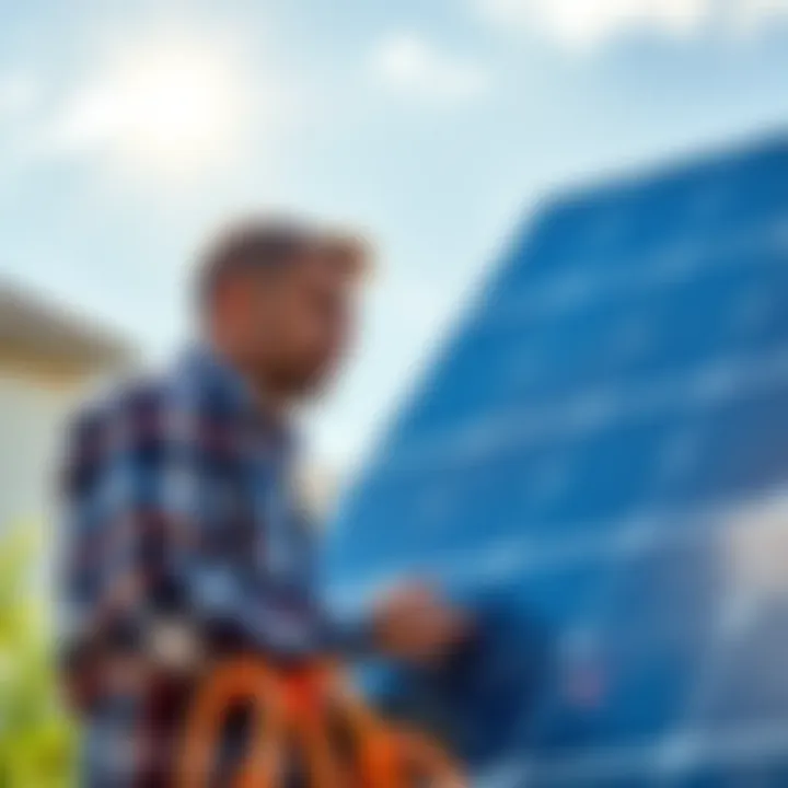 A homeowner looks at their solar panel system while considering options to use 1,000 free kilowatts, with a backdrop of a bright sunny day.