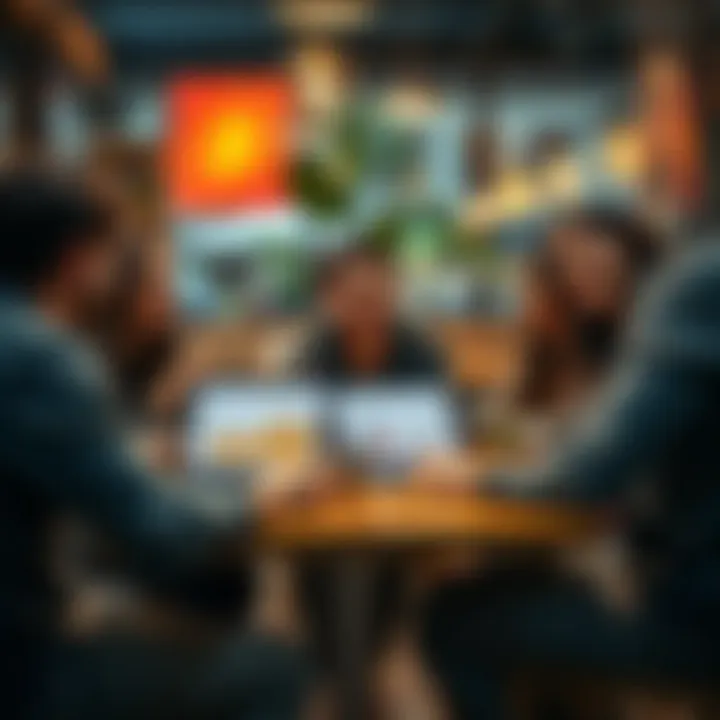 A group of young people discussing homeownership options and Bitcoin investment at a café table, with a laptop open showing housing graphs and Bitcoin charts.