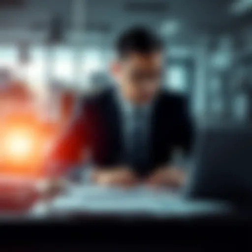 A person in business attire focused on a task at a desk with a laptop and documents, symbolizing honest work and integrity