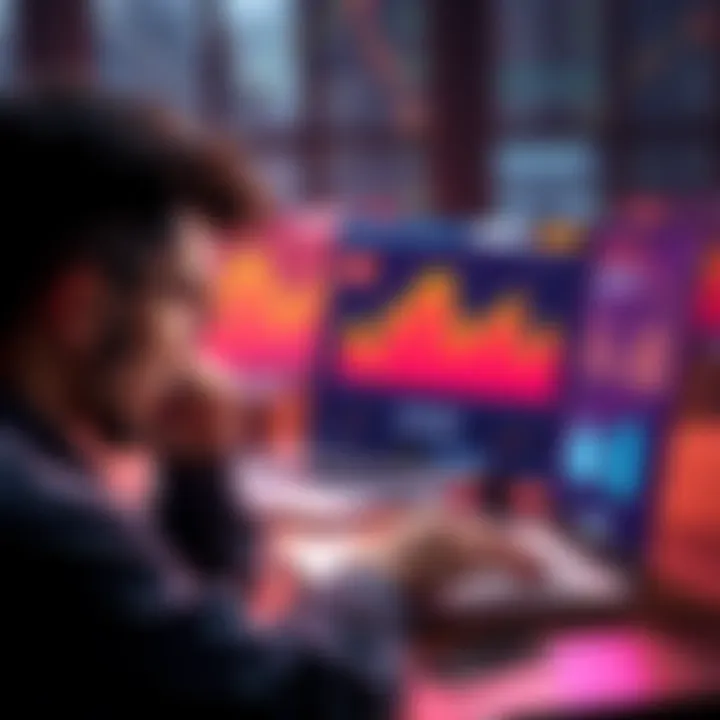 A frustrated person looking at a laptop screen displaying declining earnings graphics related to Honeygain.