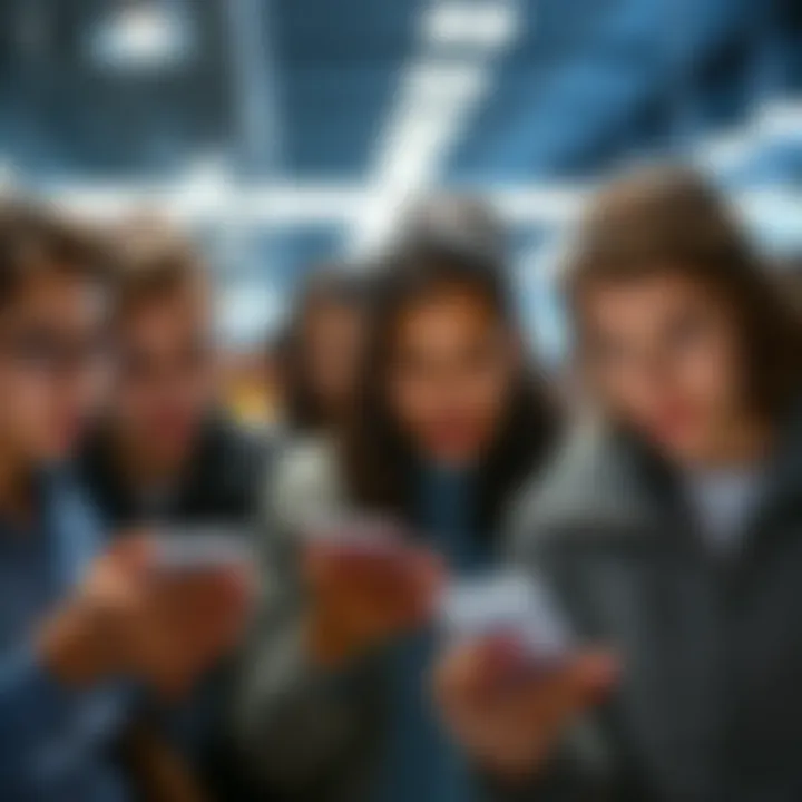 A group of people looking worried while checking their mobile devices for $ATOM prices, with expressions of concern and hope on their faces.