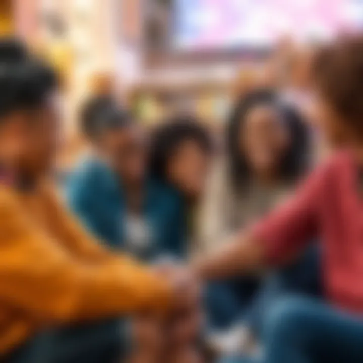 A group of diverse people sitting together, smiling and chatting, sharing positive thoughts and encouragement in a cozy setting
