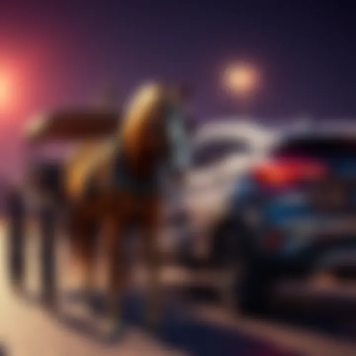 A traditional horse and buggy stands next to a modern automobile, highlighting the contrast between old and new transportation methods.