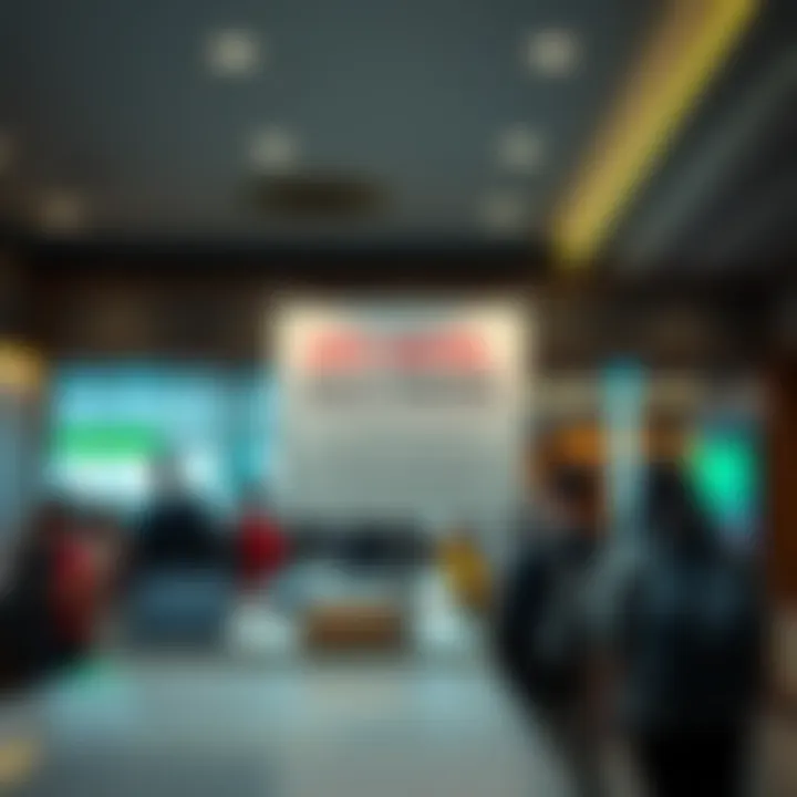 A hotel reception desk with a sign explaining hold charges on credit cards, showing a busy atmosphere with travelers checking in and out.