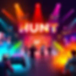 A vibrant poster for the HUNT launch on August 2, featuring gaming elements and community themes