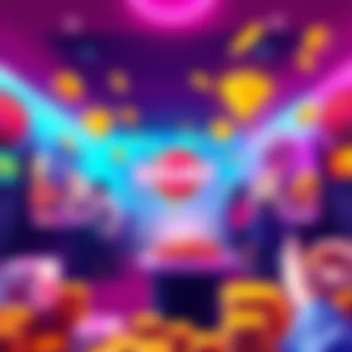 A vibrant graphic showing players engaging in games and lotteries for $HUNT tokens, with colorful rewards and prizes in the background.