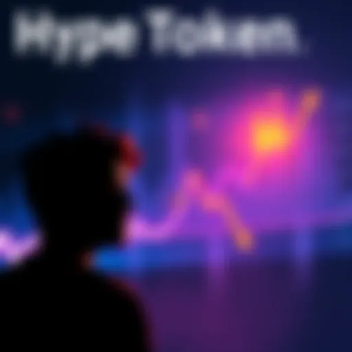 A graph showing the fluctuating value of Hype token, with arrows indicating sharp rises and falls, alongside a silhouette of a person looking concerned.