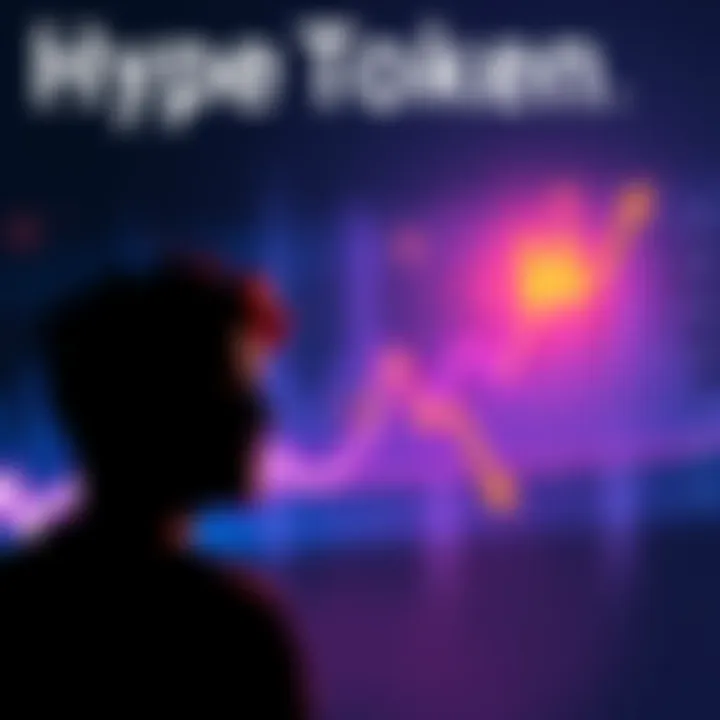 A graph showing the fluctuating value of Hype token, with arrows indicating sharp rises and falls, alongside a silhouette of a person looking concerned.