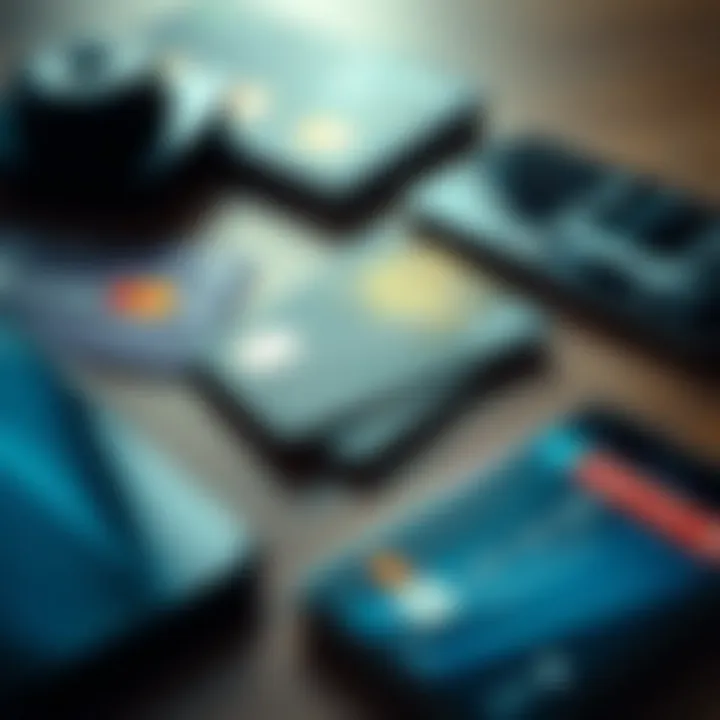 A close-up of several credit cards on a table, with one card highlighted to indicate it may be compromised, alongside a smartphone displaying security alerts.
