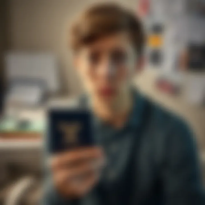 A young adult looks frustrated while holding a French passport, with a phone displaying the Revolut app. The background shows a desk with a laptop and papers scattered around.