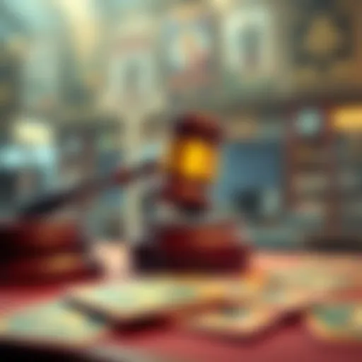 Graphic showing a card auction for in season cards in Sorare, featuring auction gavel and digital cards