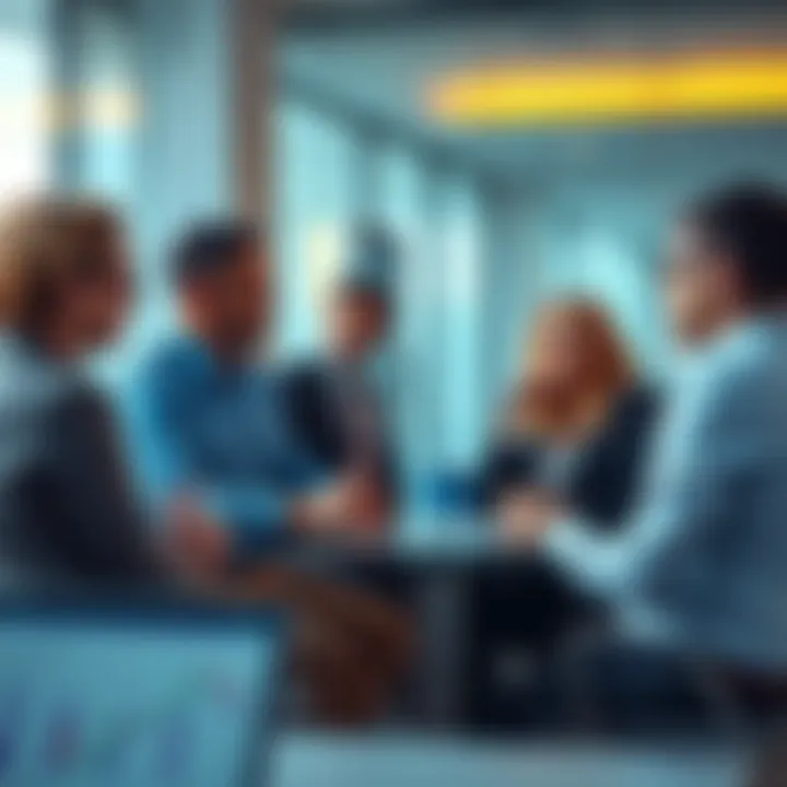 A group of institutional investors discussing cryptocurrency market trends in a modern office setting