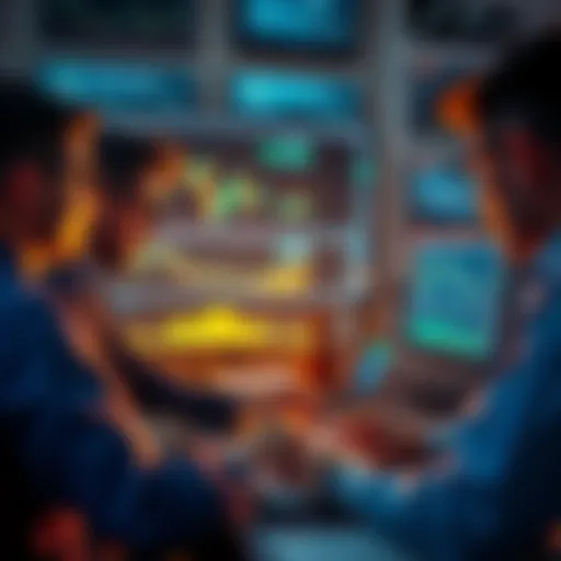 A group of institutional investors analyzing cryptocurrency trends with charts and digital assets on screens, symbolizing the shift from retail to institutional dominance in the market.
