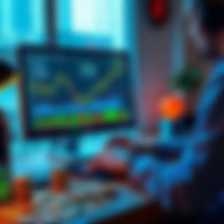 A person analyzing altcoin charts on a computer screen with coins scattered on a desk.