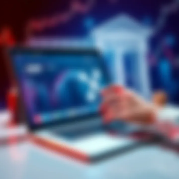 A person analyzing XRP cryptocurrency value on a laptop, with bank and investment graphics in the background.