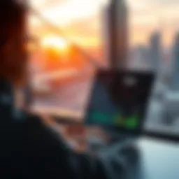 A person sitting peacefully, analyzing market graphs on a laptop, symbolizing calmness in investment during market fluctuations.