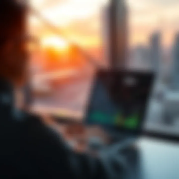 A person sitting peacefully, analyzing market graphs on a laptop, symbolizing calmness in investment during market fluctuations.