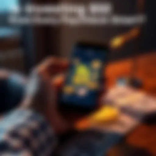 A person holding a smartphone displaying Bitcoin symbols, with money being placed on a table beside them.