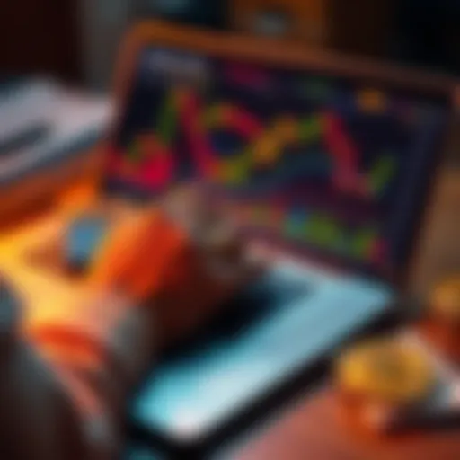 A person analyzing Bitcoin graphs and charts on a laptop with a calculator and a notepad nearby