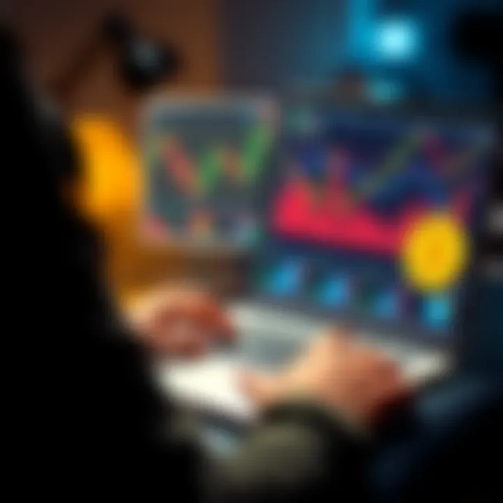 A person analyzing cryptocurrency charts on a laptop, considering investment options in Bitcoin, Solana, Ethereum, and XRP.