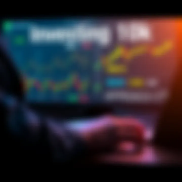 A graphic showing a person analyzing cryptocurrency market data with charts and a laptop, considering how to invest money in crypto.