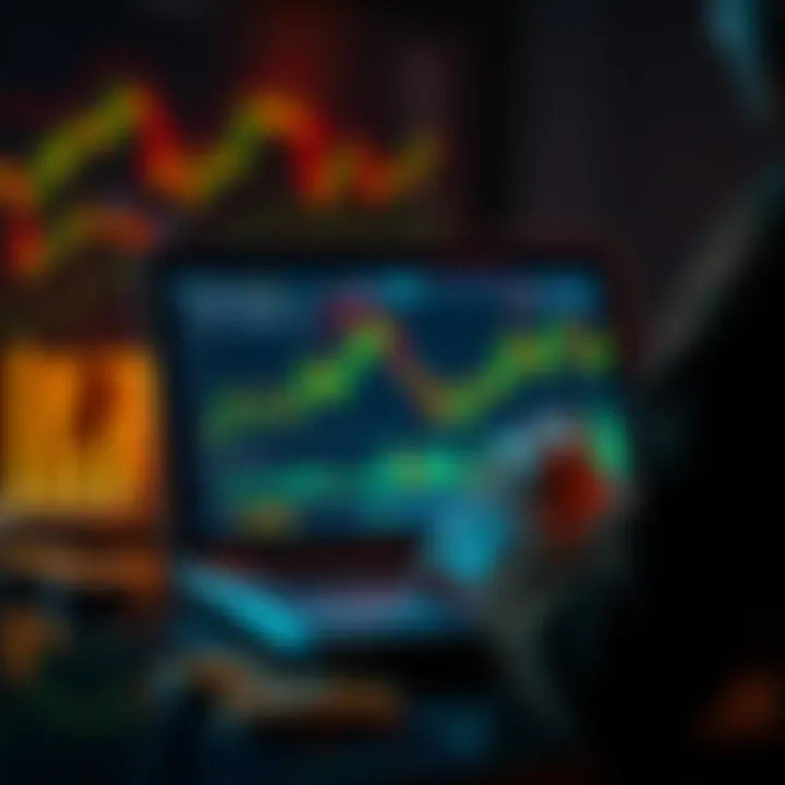 A person analyzing cryptocurrency graphs on a laptop with charts and coins in the background