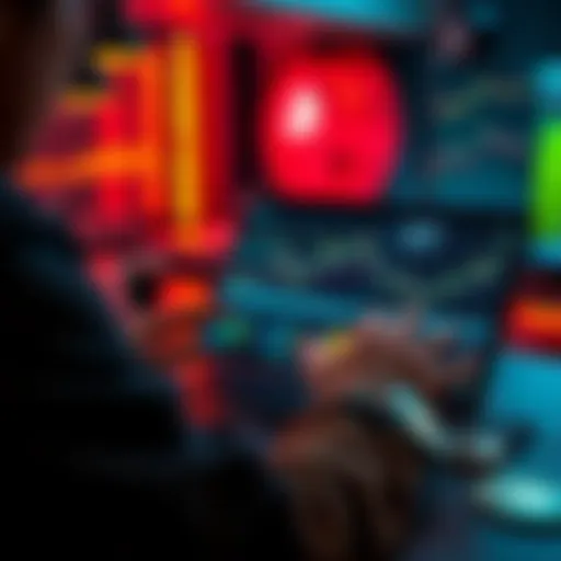 A person analyzing cryptocurrency trends on a laptop with charts and graphs displayed