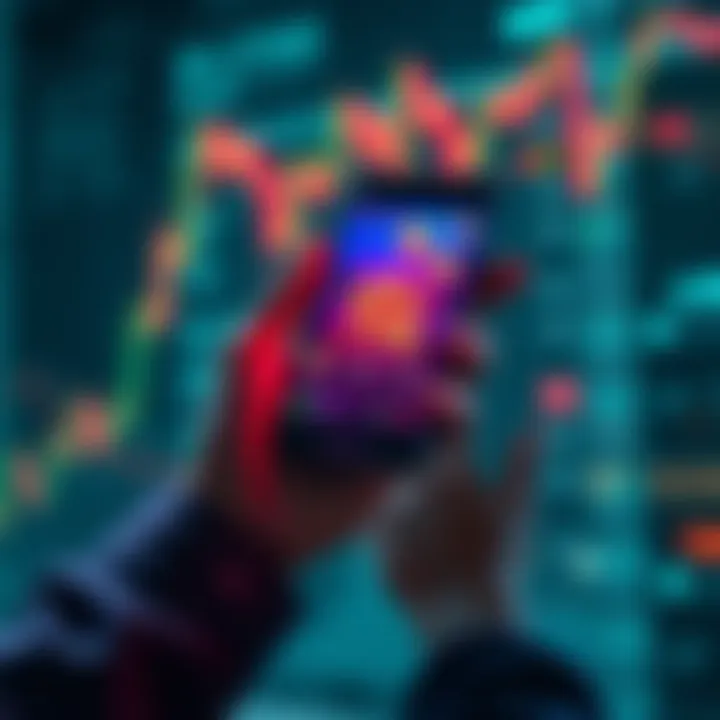 A person holding a smartphone with cryptocurrency charts and symbols like XRP, HBAR, and LINK on the screen