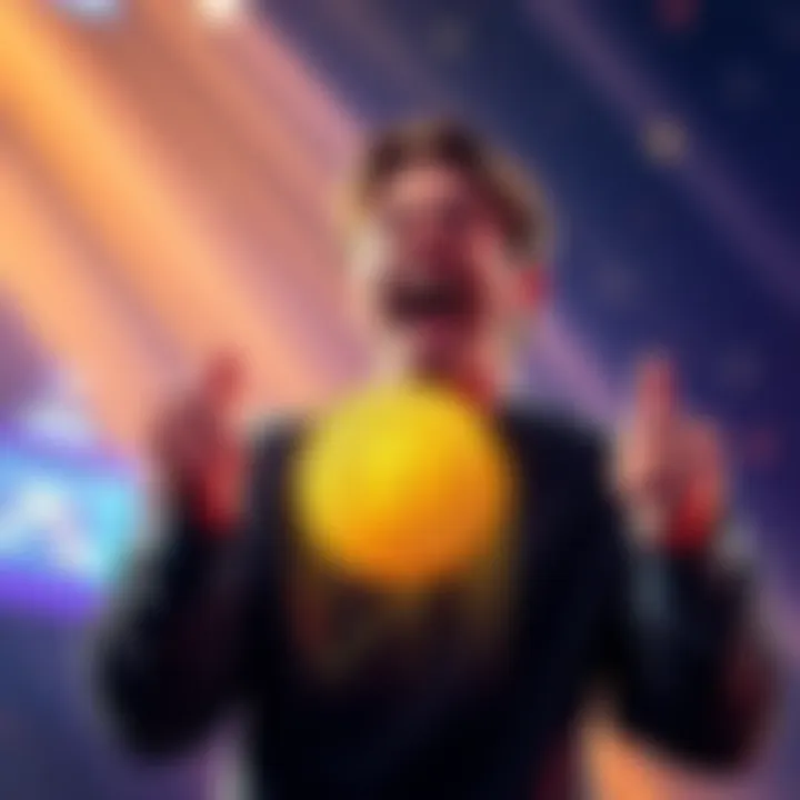 A person excitedly celebrating their recent investment in $KAS cryptocurrency with a graphic representation of the coin and a positive financial trend graph.