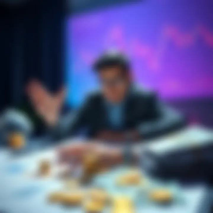 A person considering investment options for Solana cryptocurrency, with charts and money on the table.