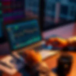 A person analyzing stock and cryptocurrency charts on a laptop with financial documents and a coffee cup on the table